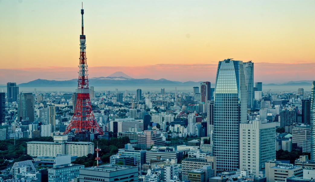 Aerial view of Tokyo Tower with Tokyo’s skyline during sunset hours