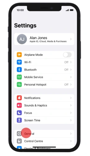 iPhone settings menu with the General menu higlighted