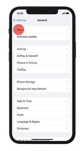 iPhone general setting menu with about menu highlighted