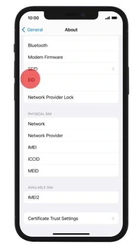 iPhone screenshot of EID section highlighted in settings menu