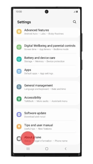 Android phone settings menu with about phone section highlighted