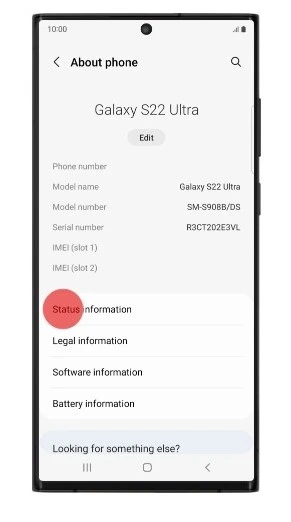 Andoid settings menu with status information highlighted in the about phone section