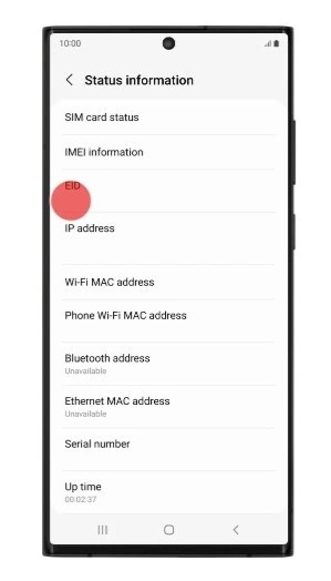 Android screenshot of where to find EID information in the settings menu