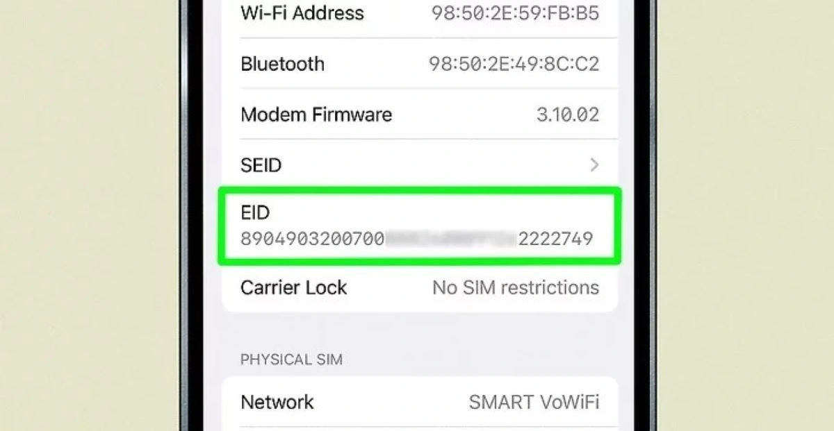 screenshot of EID number information on iPhone