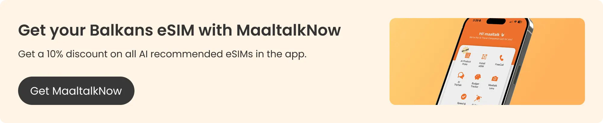 MaaltalkNow App download banner for Balkan eSIM 10% Discount