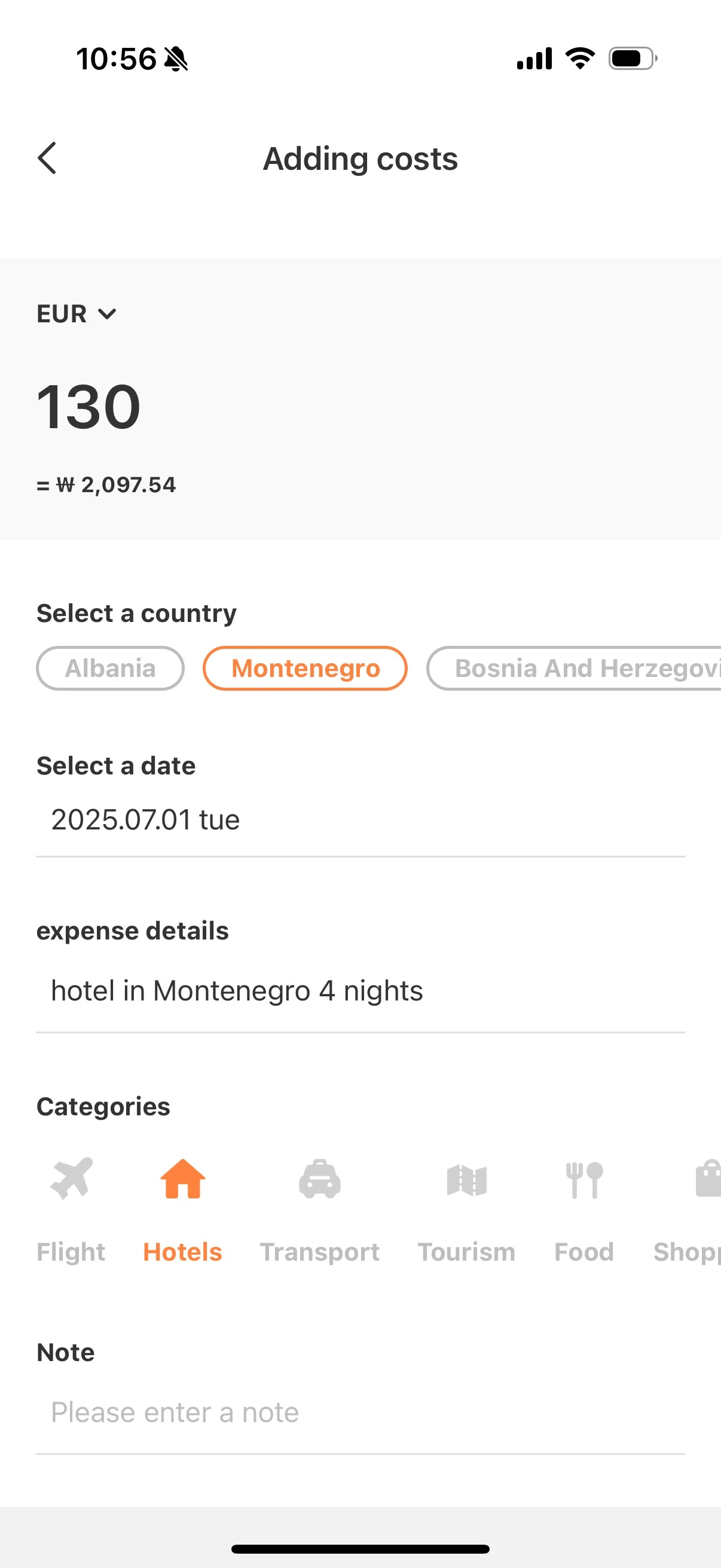 Screenshot of adding an expense in the MaaltalkNows Budget Tracker in the Balkans