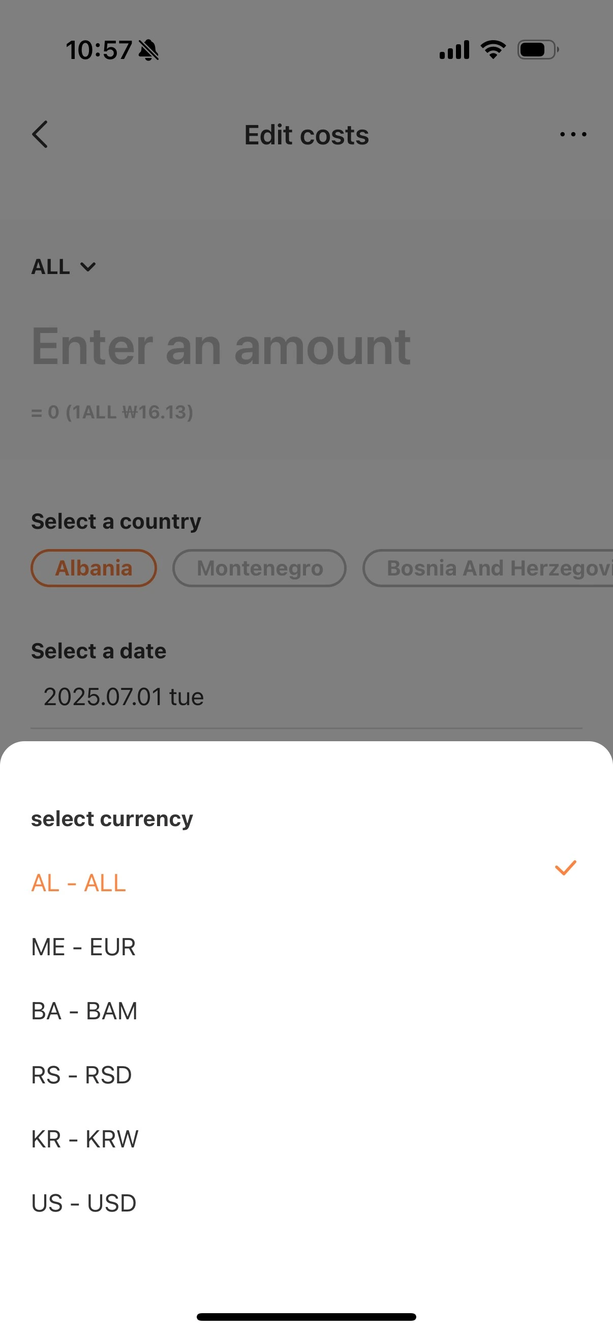 Screenshot of selecting the currency in the MaaltalkNows Budget Tracker in the Balkans