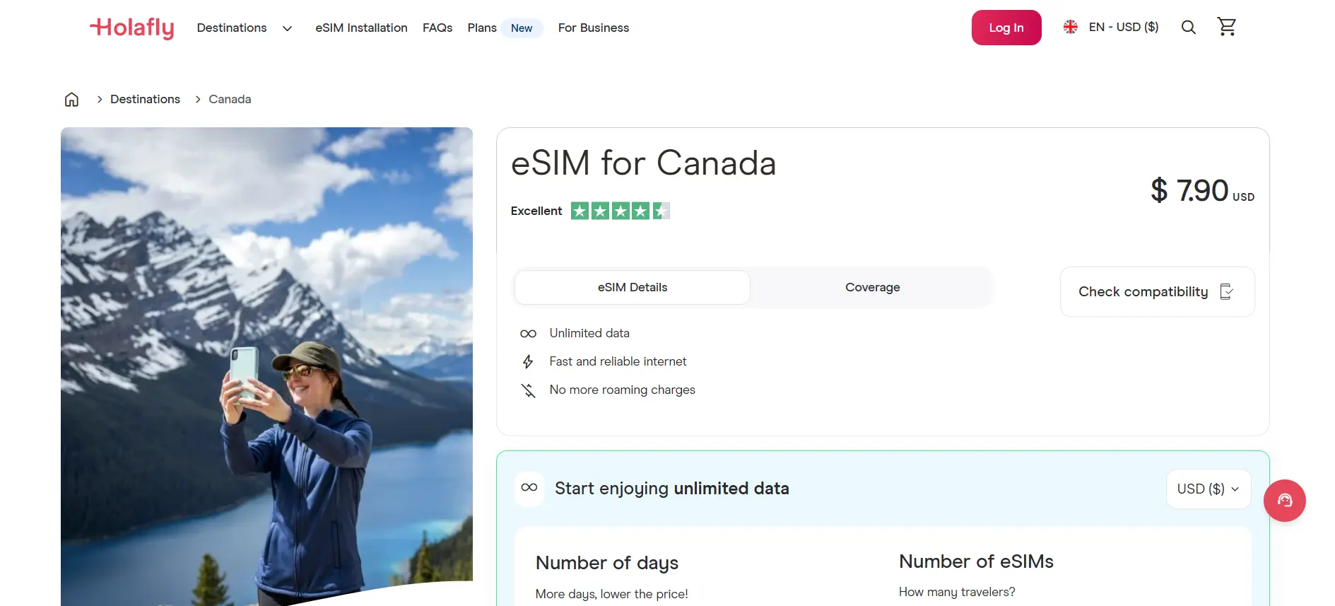 Holafly Canada eSIM page screenshot