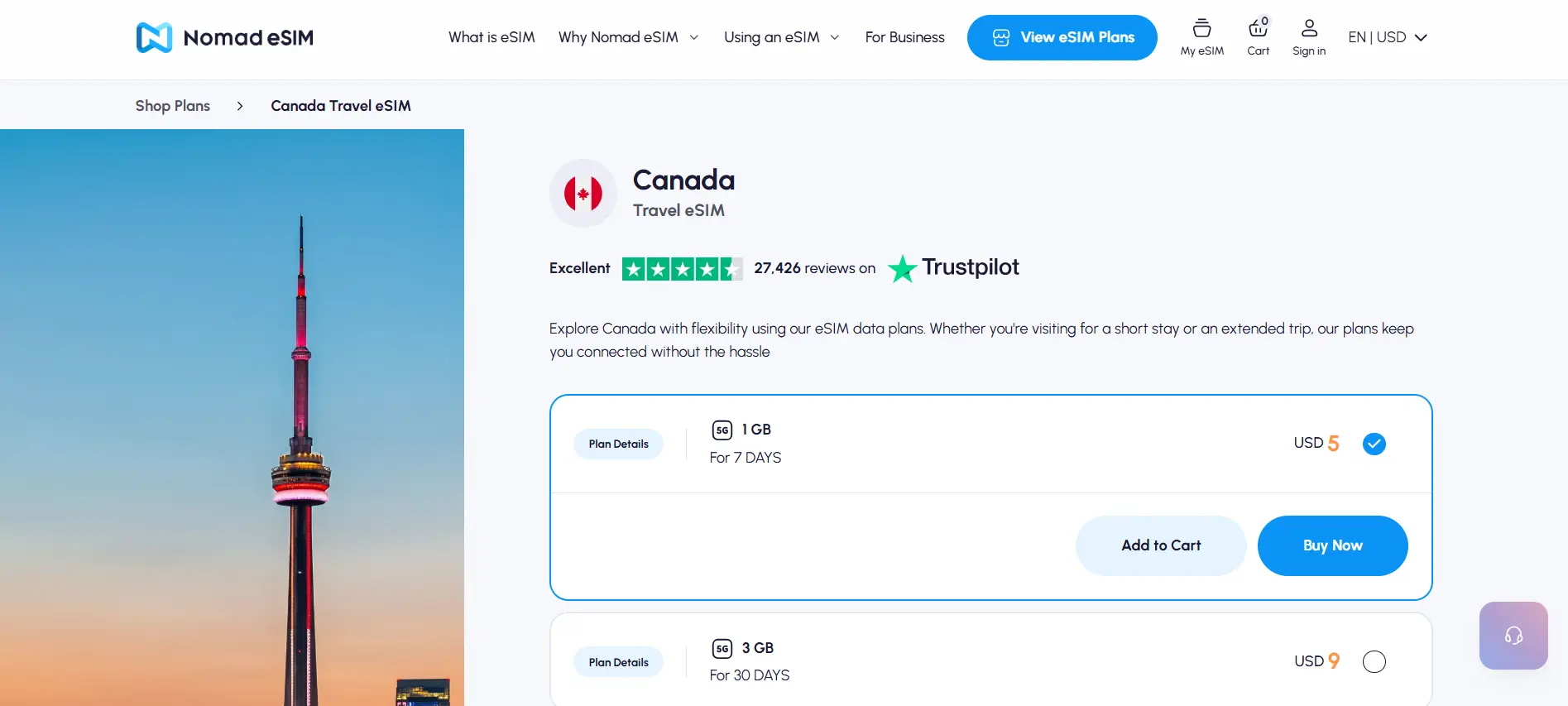 Nomad Canada eSIM page screenshot