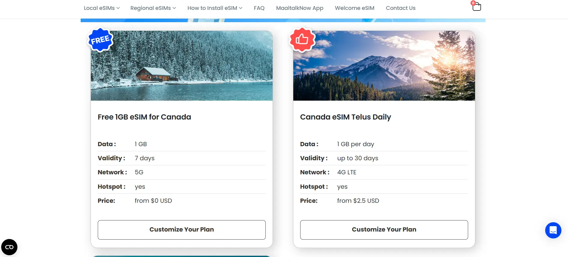Maaltalk Canada eSIM page screenshot