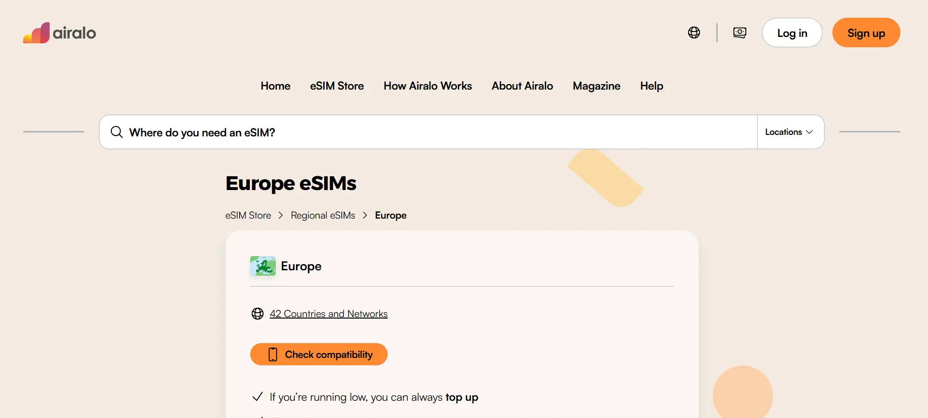 Airalo Europe eSIM webpage screenshot