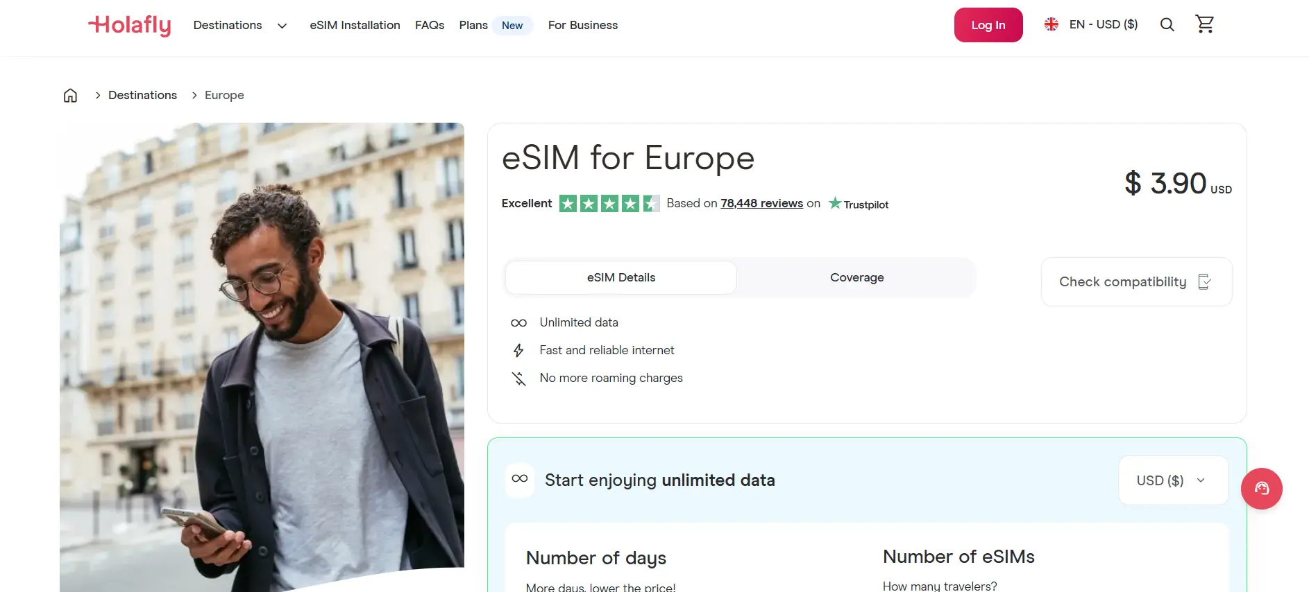 Holafly Europe eSIM webpage screenshot