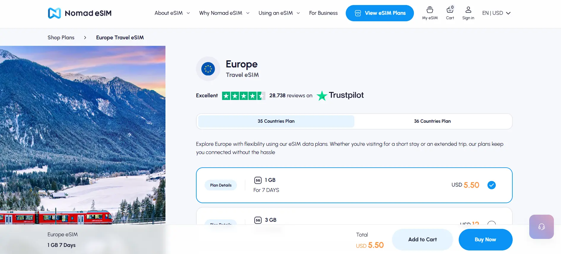 Nomad Europe eSIM webpage screenshot