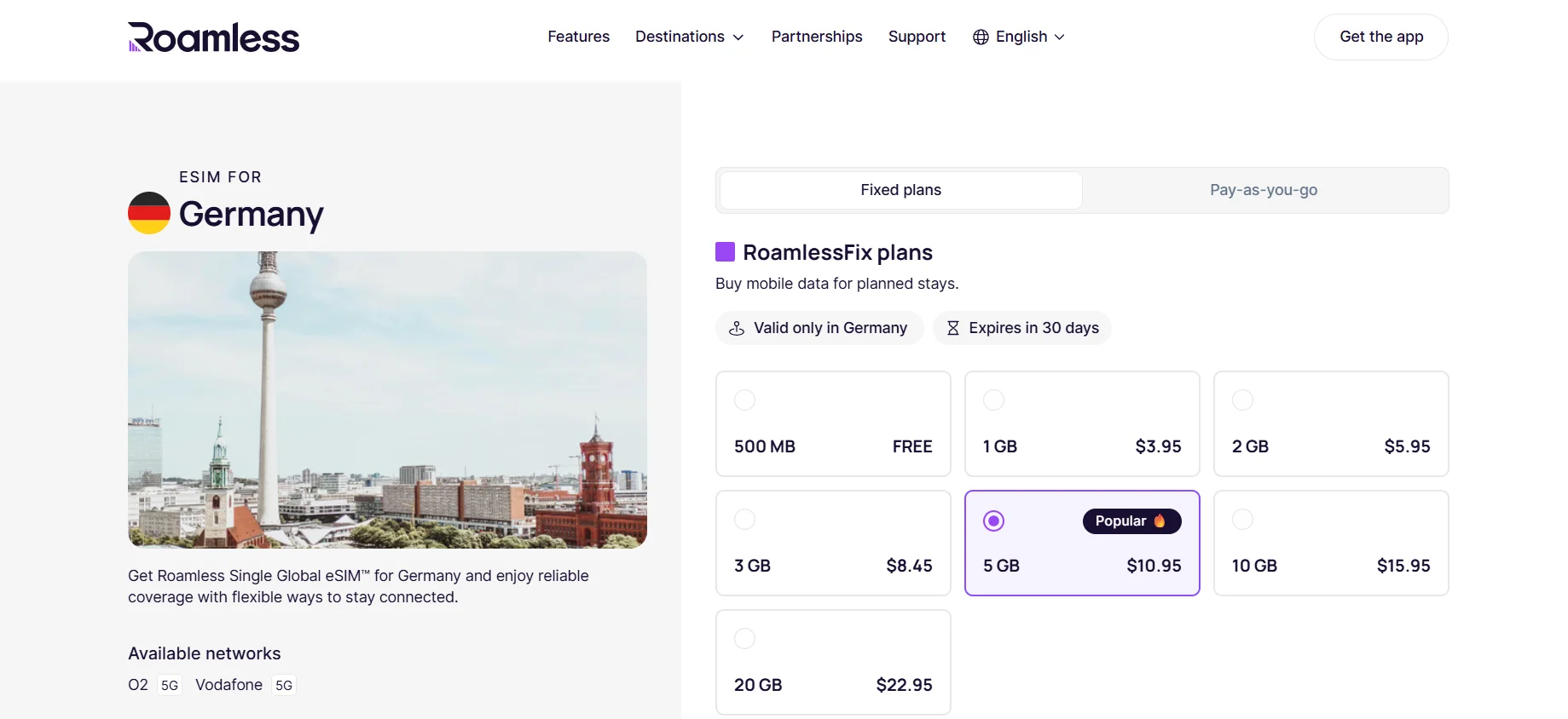 Roamless Germany eSIM website screenshot