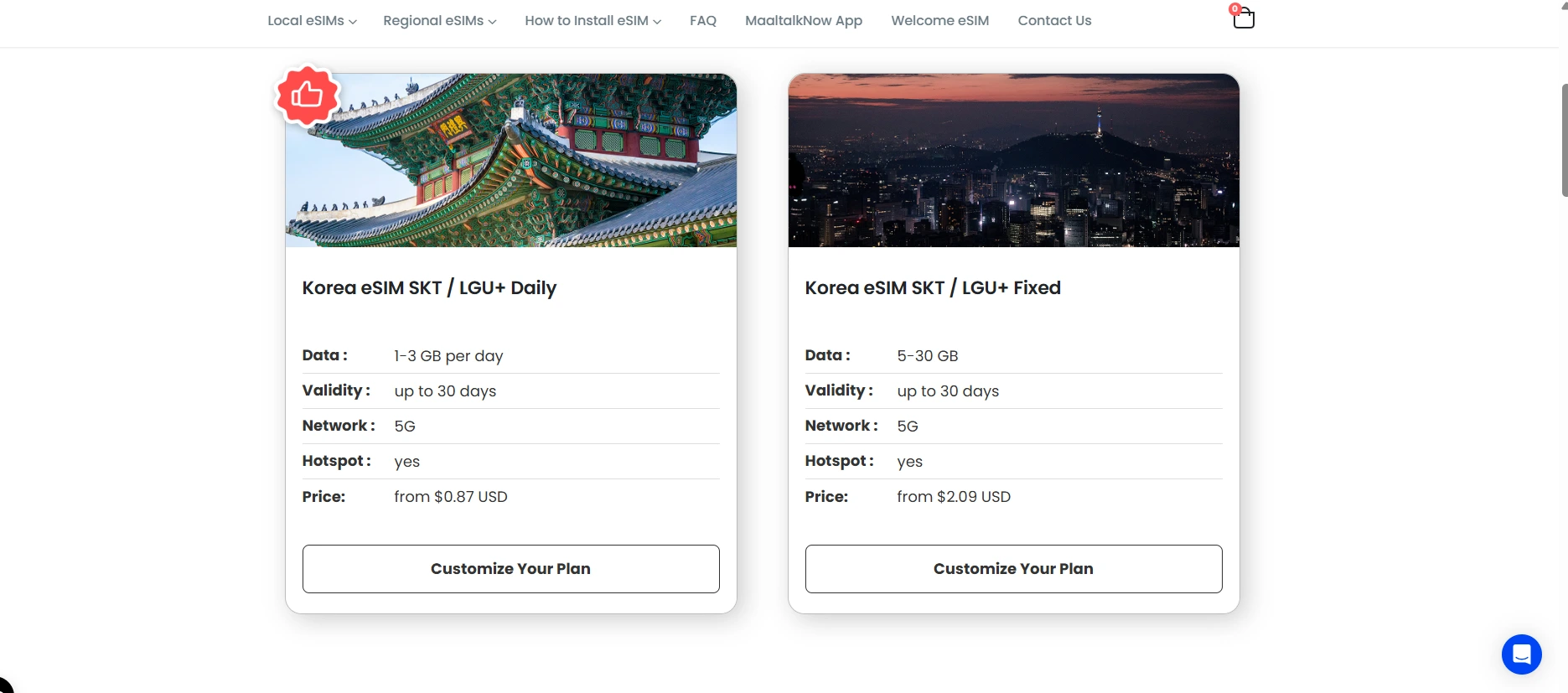 Maaltalk South Korea eSIM options screenshot