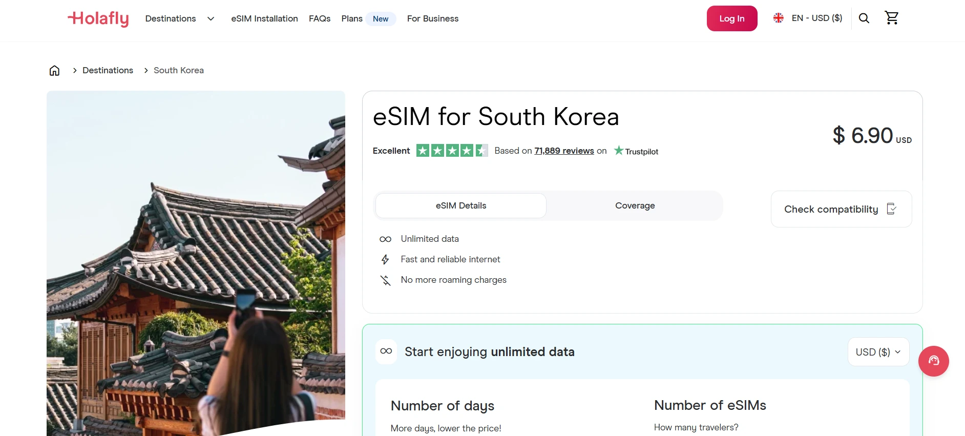 Holafly South Korea eSIM options screenshot