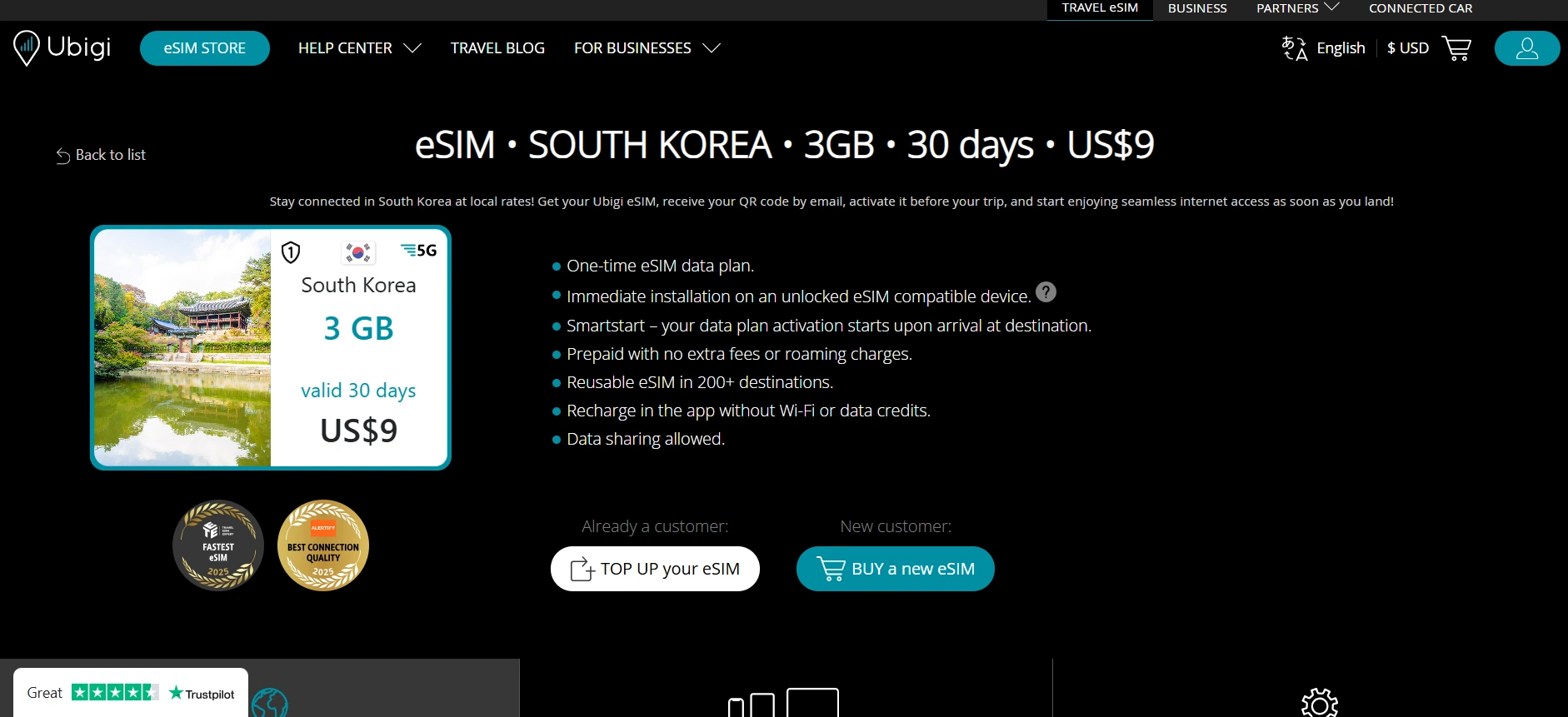 Ubigi South Korea eSIM options screenshot