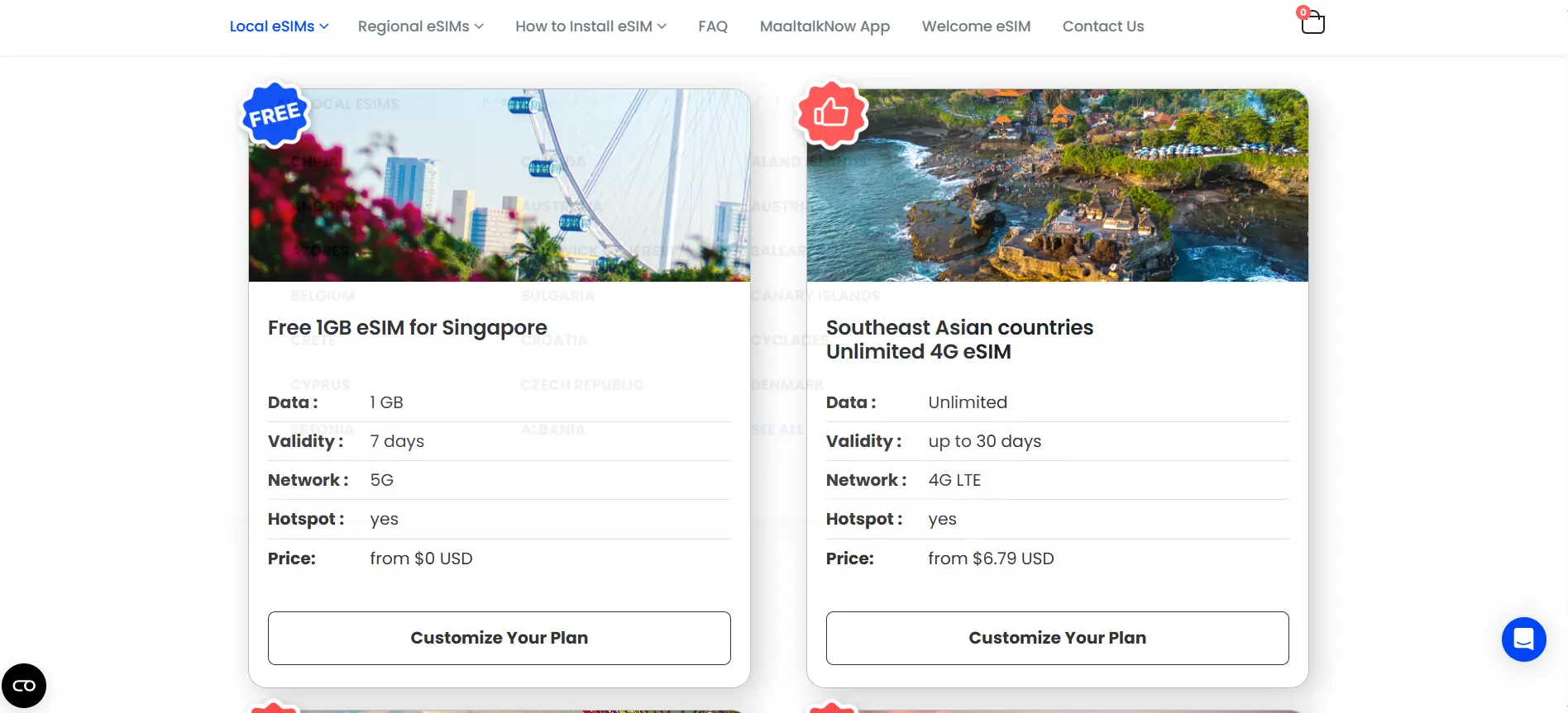 Maaltalk eSIM for Singapore webpage screenshot