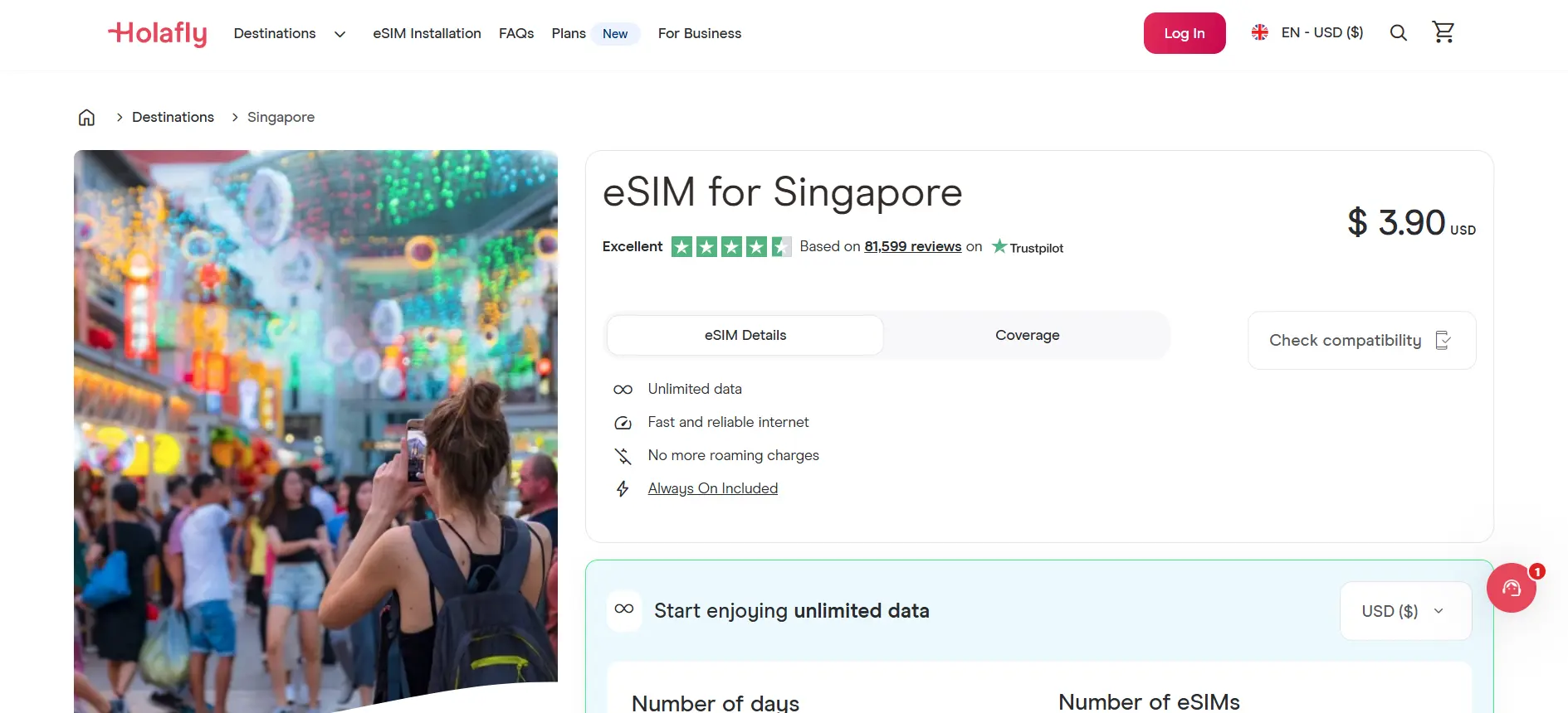 Holafly eSIM for Singapore webpage screenshot