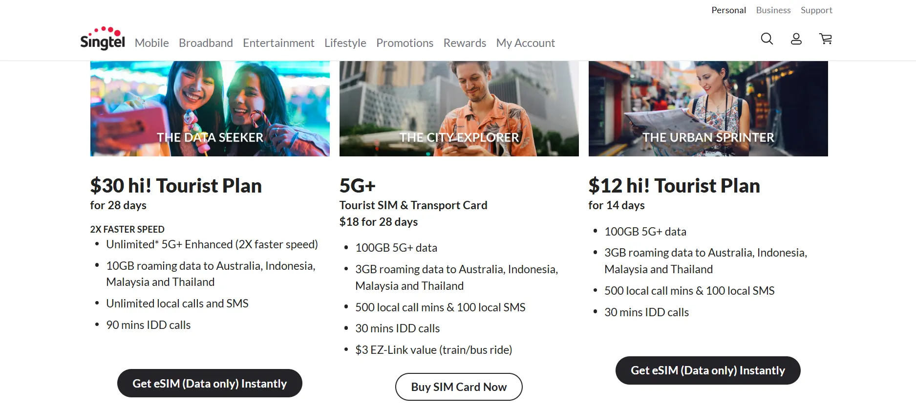 Singtel tourist eSIM for Singapore webpage screenshot