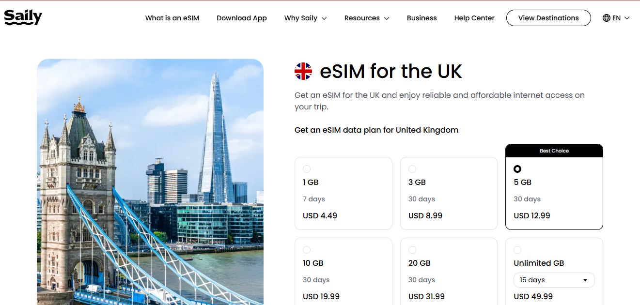Saily UK eSIM options