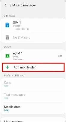 screenshot of where to add a mobile plan on Android phones