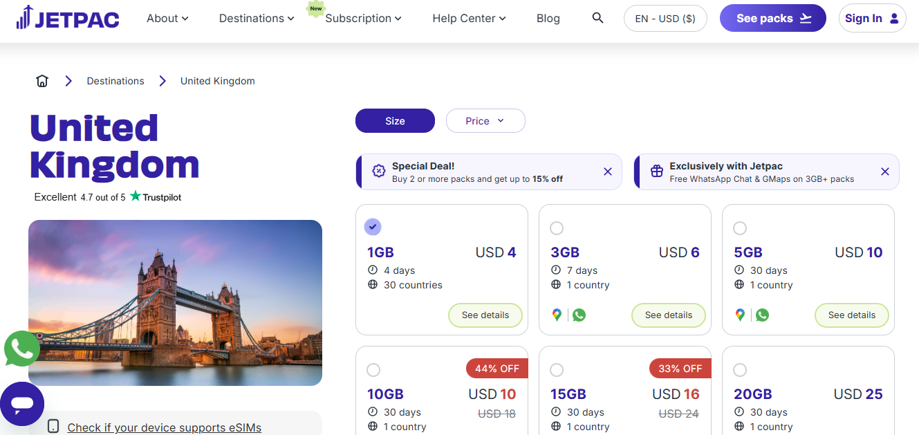 Jetpac UK eSIM options