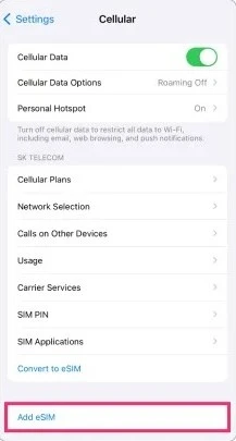 screenshot of the add eSIM option in the settings menu on iPhone