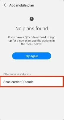 screenshot of scanning carrier QR code for eSIM on Android phone