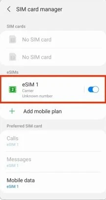 screenshot of the toggle option of the eSIM on Android phone