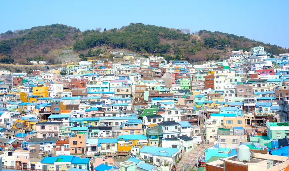 aerial view of the colorful houses inside Gamcheon Culture village in Busan