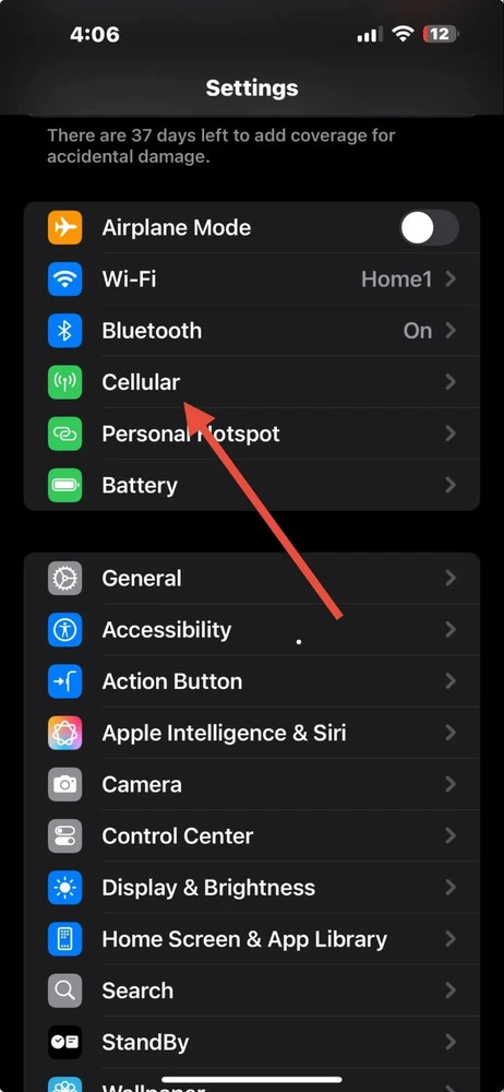 iPhone screenshot of settings menu
