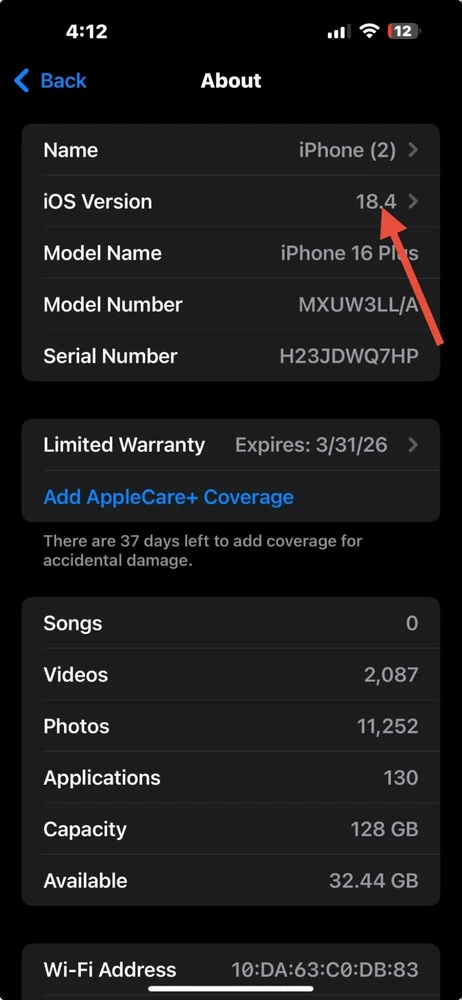 iPhone screenshot of about menu in settings