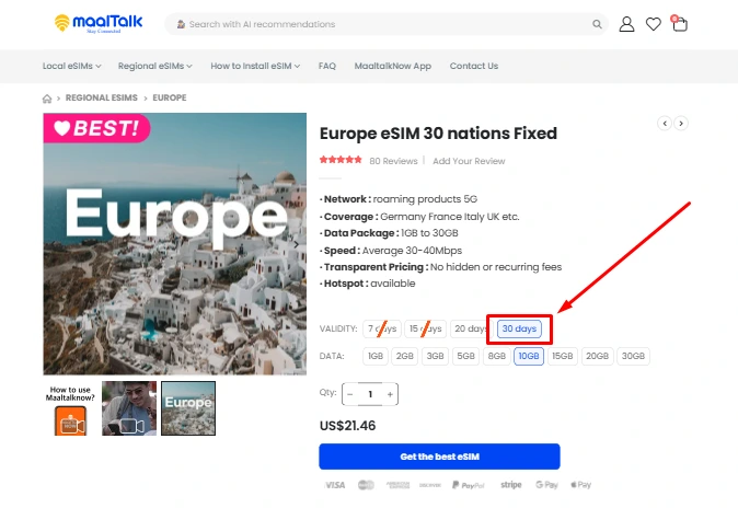 Maaltalk Europe eSIM data option website screenshot