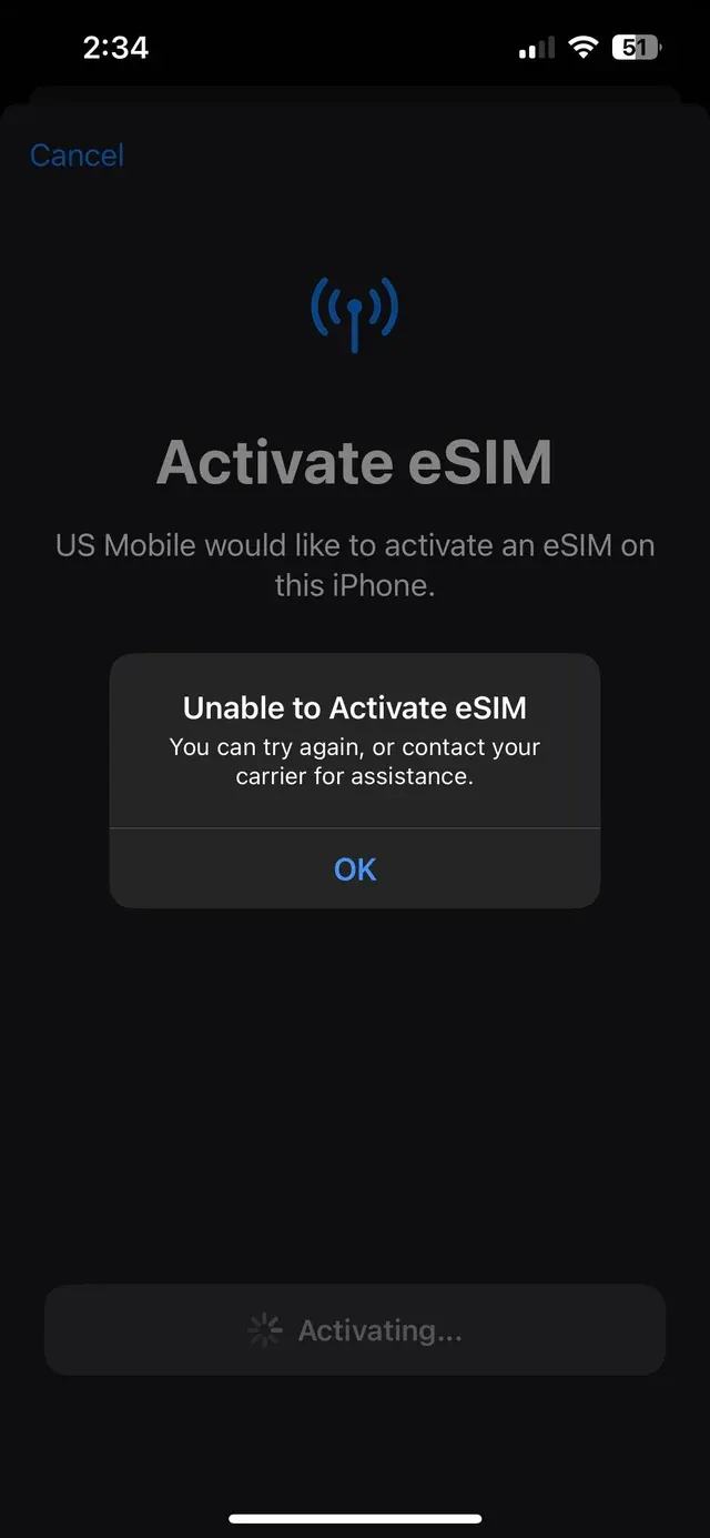 screenshot of eSIM activation failed