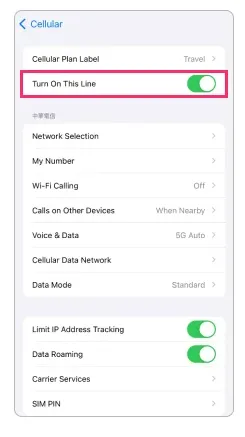 screenshot of turning on the cellular line for eSIM on Apple iPhone
