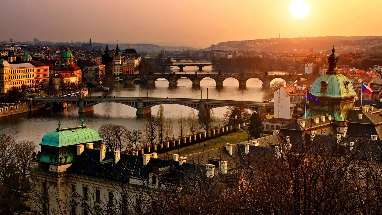 Aerial view of Prague during golden hour