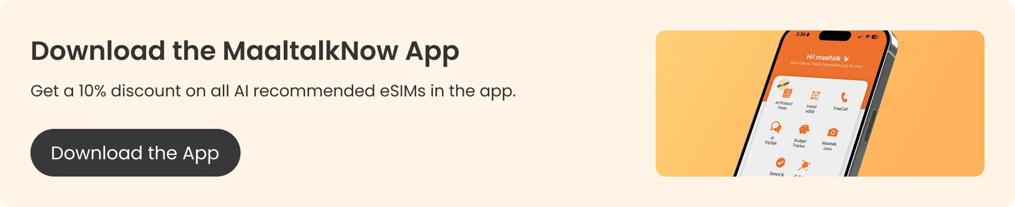 MaaltalkNow App download banner for Greece eSIM 10% Discount