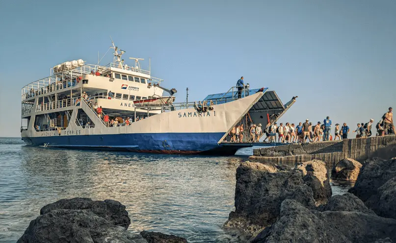 Ferry with passengers disembarking on the Greek Islands