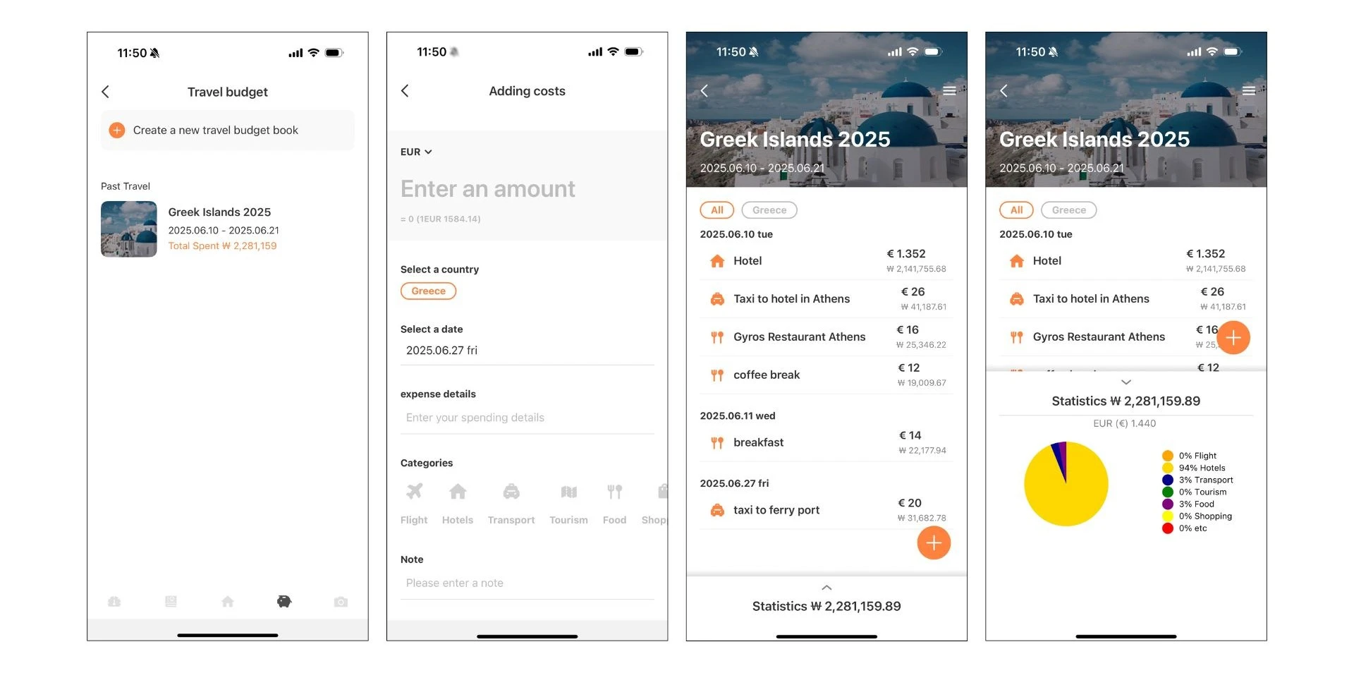 screenshots of MaaltalkNow Budget Tracker for Greek Island Trip
