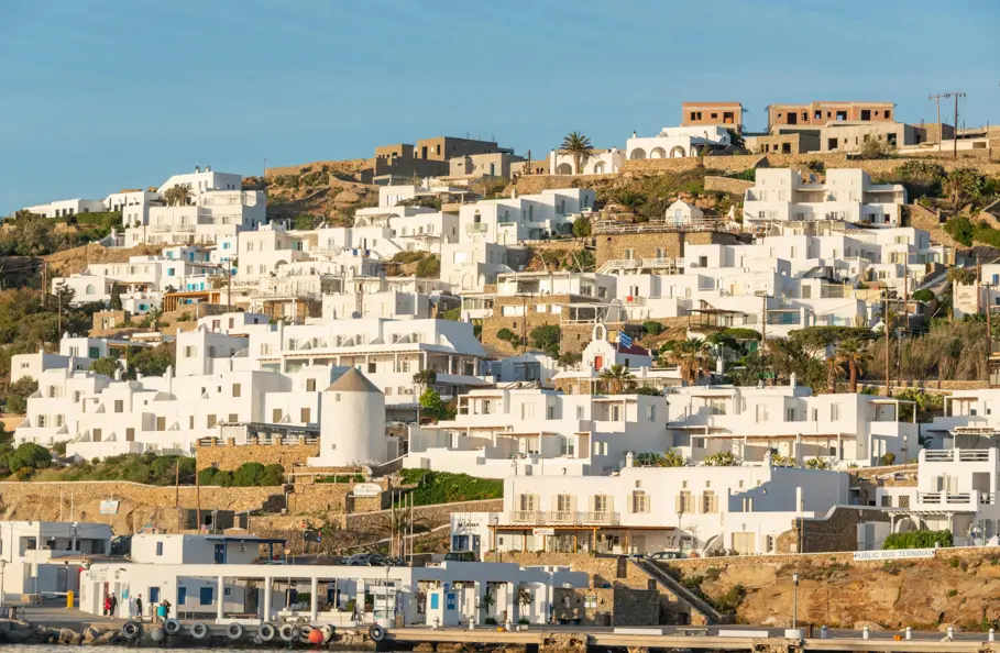 White houses on Mykonos during a sunny day