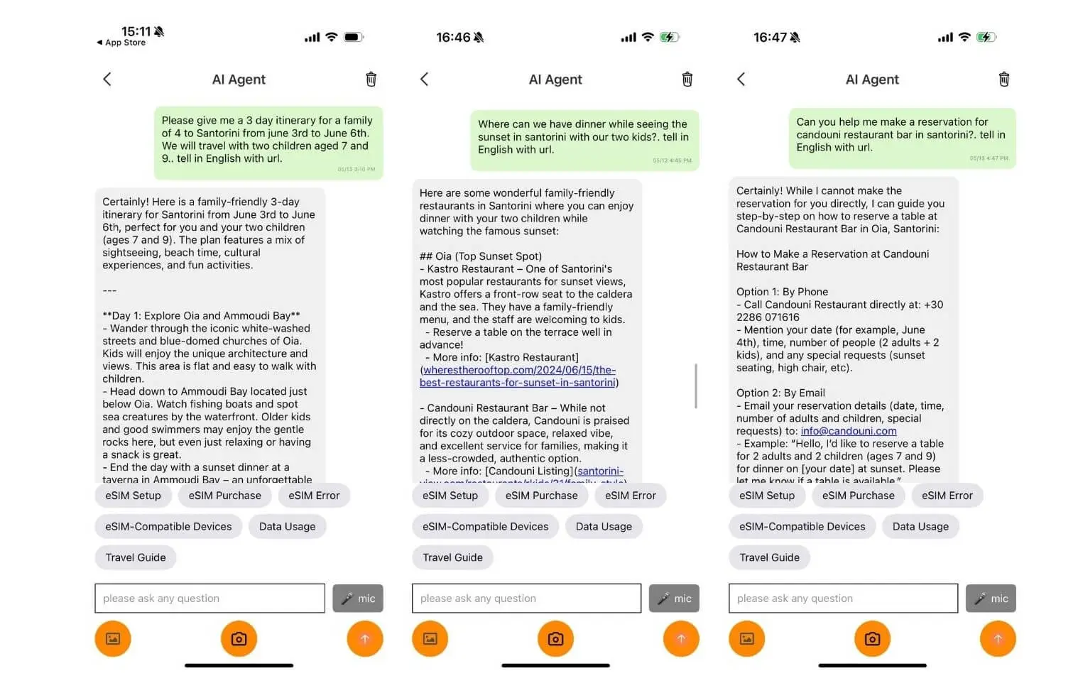 screenshots of MaaltalkNow’s AI Travel Agent answering queries about travel in Santorini