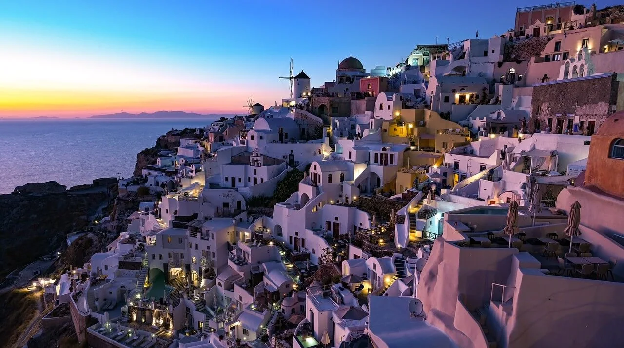 aerial view of Santorini during sunset