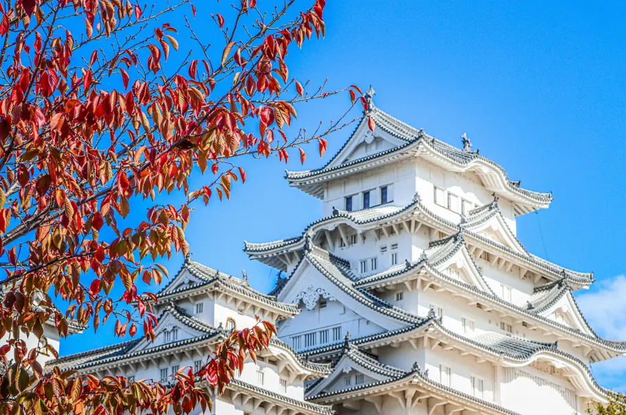 Osaka castle with a bright blue sky and autumn color leaves