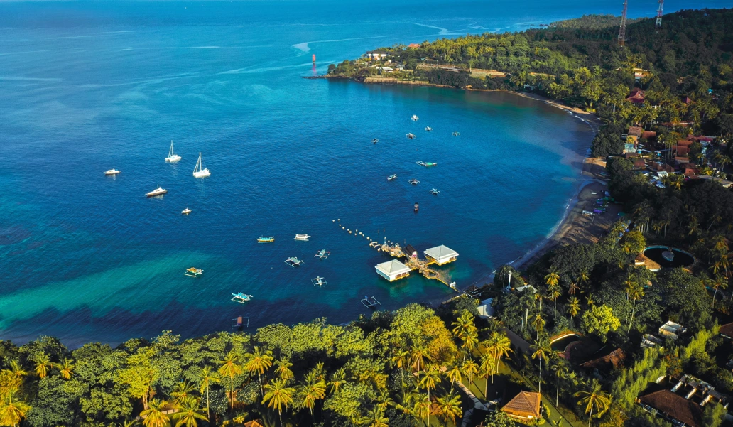 Aerial view of Lombok Island in Indonesia with blue water and clear skies