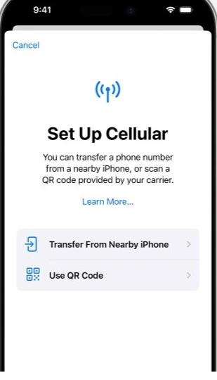 Transfer eSIM to new phone start screen on Iphone