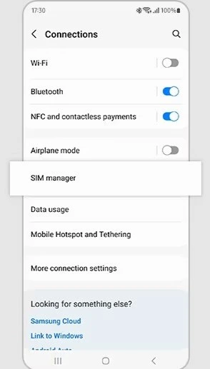 screenshot of Sim Manager settings on Samsung Galaxy phone