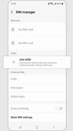 Screenshot of adding sim option on Samsung Galaxy phone