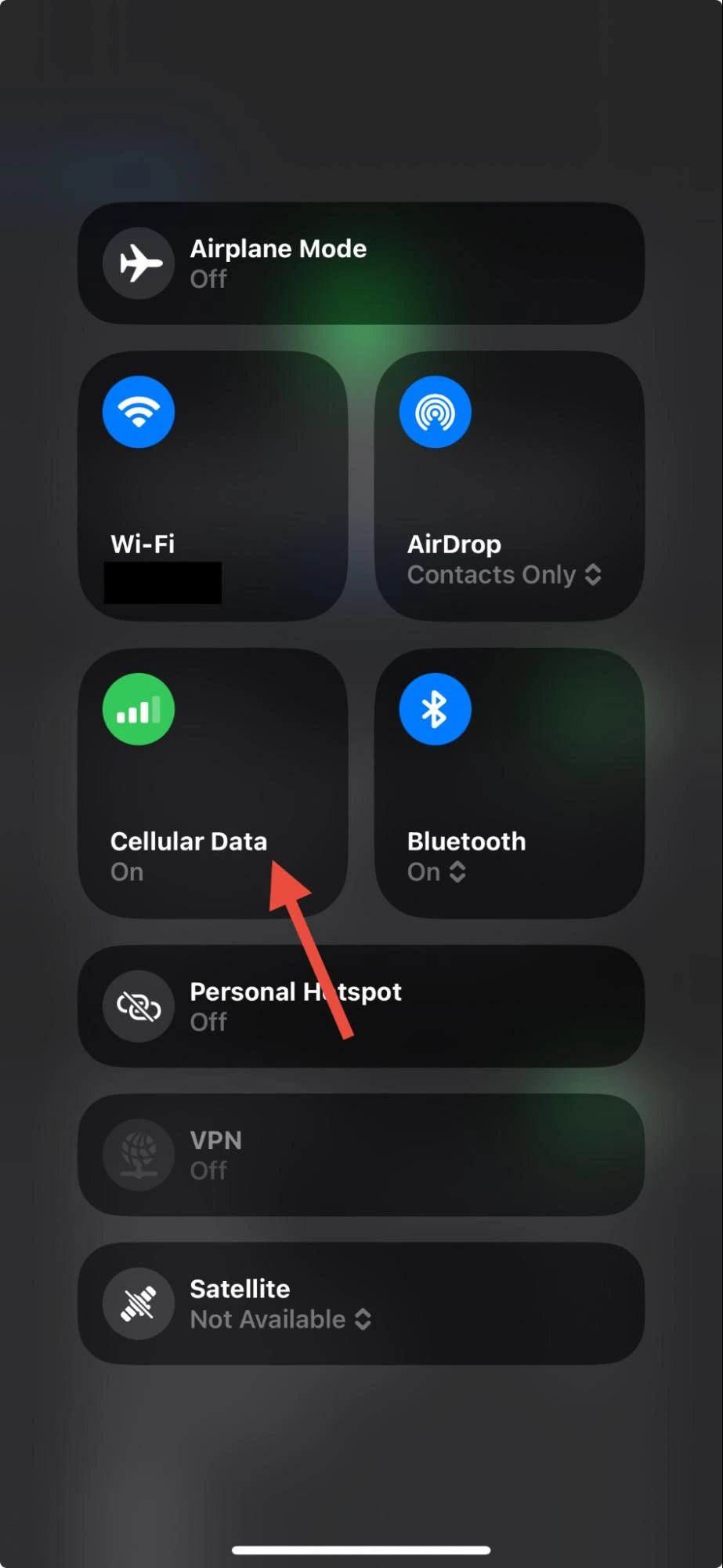 screenshot of iPhone swipe down menu showing cellular data button