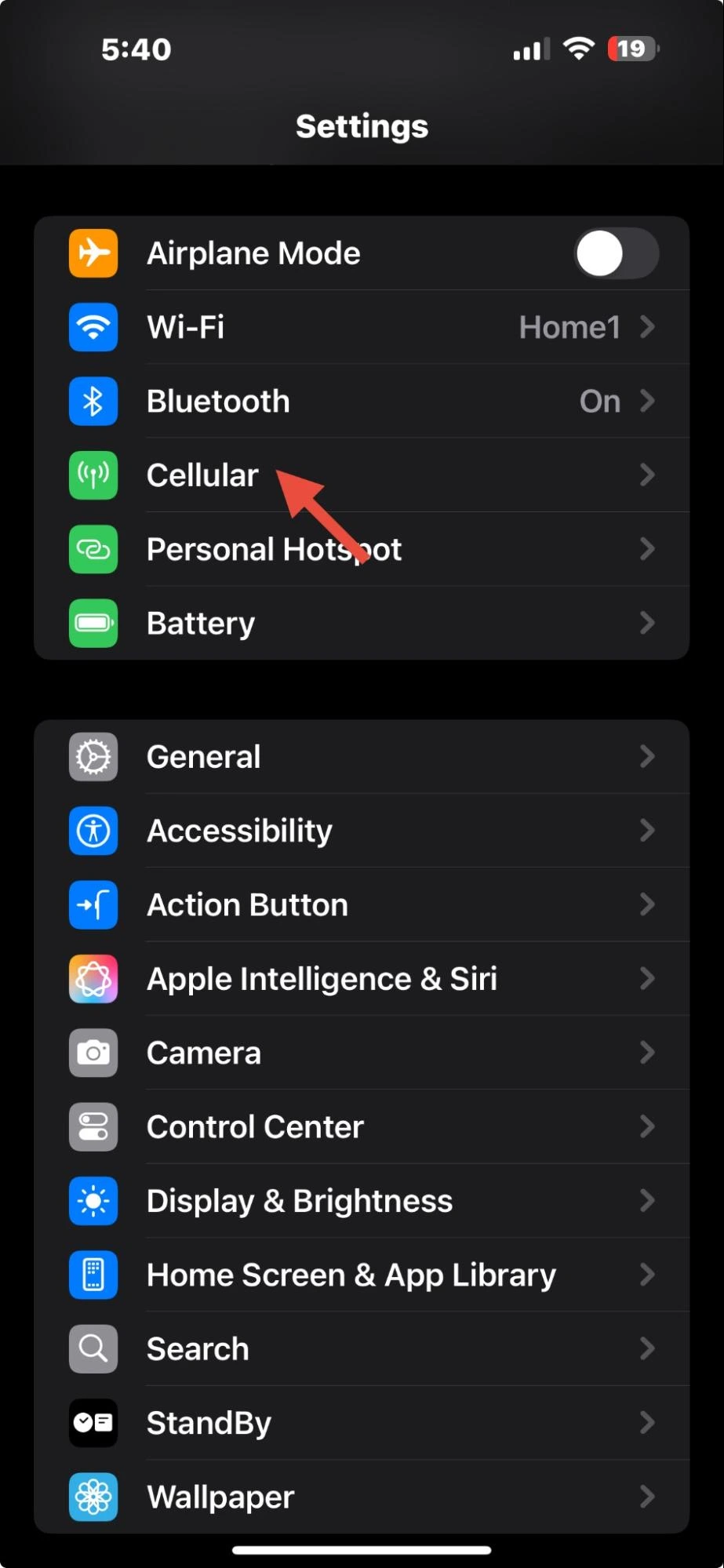 screenshot of iPhone settings menu